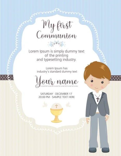 First Communion Invitation Vertical Boy Invitation Cute Frame — Stock Vector