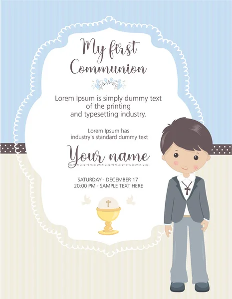 Première Invitation Communion Verticale Invitation Garçon Avec Cadre Mignon — Image vectorielle