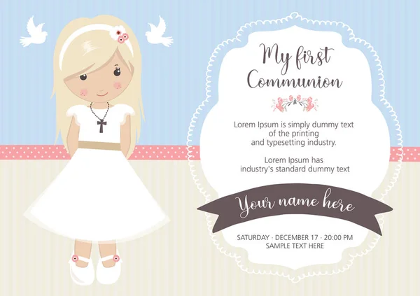 First Communion Invitation Beautiful Girl Communion Dress Cute Frame — Stock Vector