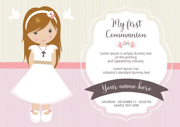 Première Invitation Communion Belle Fille Avec Robe Communion Cadre Mignon — Image vectorielle