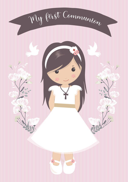 my first communion girl. beautiful girl with communion dress and flower frame