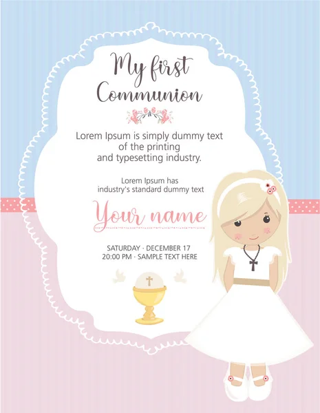 İlk komünyon davetim. Komünyon elbise ve sevimli çerçeve ile güzel kız