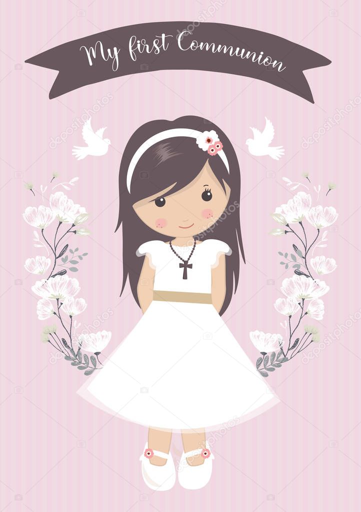 my first communion girl. beautiful girl with communion dress and flower frame