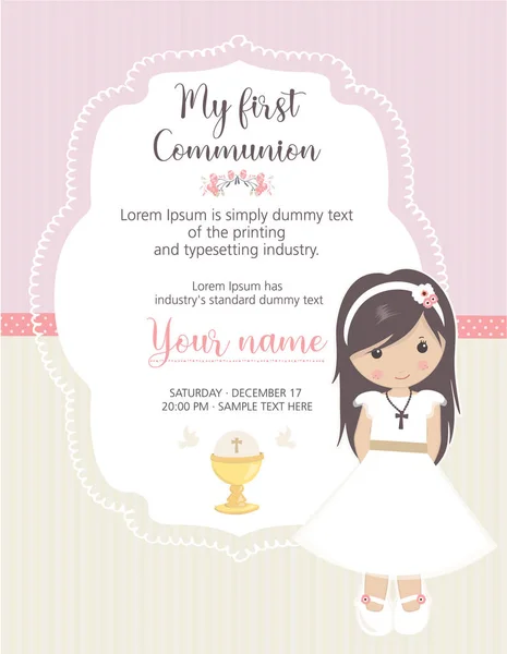 Primera Invitación Comunión Hermosa Chica Con Vestido Comunión Marco Lindo — Vector de stock