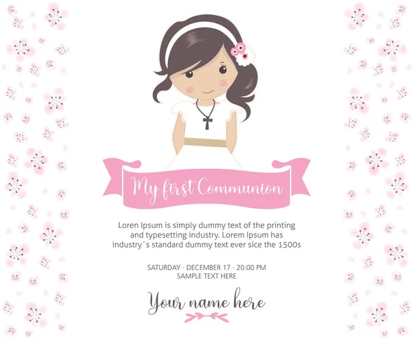 Meine Einladung Zur Erstkommunion Schönes Mädchen Mit Kommunionkleid Und Niedlichem — Stockvektor