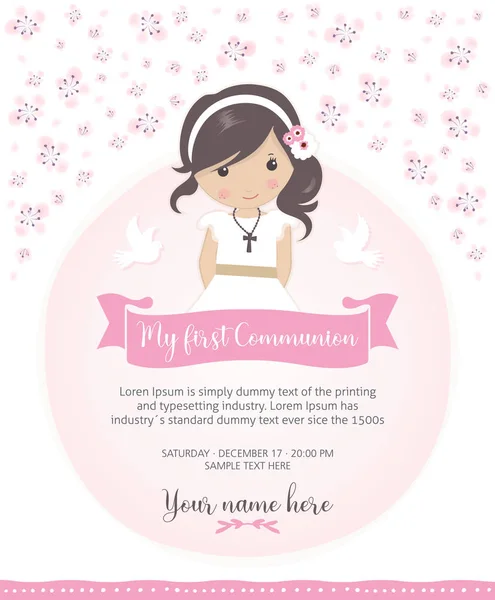 Première Invitation Communion Belle Fille Avec Robe Communion Cadre Fleur — Image vectorielle