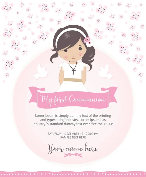 Primera Invitación Comunión Hermosa Chica Con Vestido Comunión Lindo Marco — Vector de stock