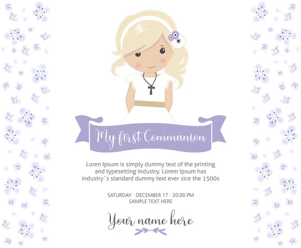 İlk komünyon davetiyem. Cemaat elbise ve sevimli çiçek çerçevesi ile güzel kız