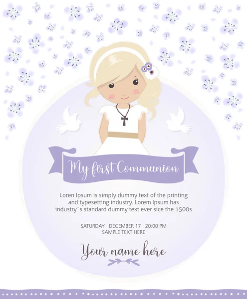 First Communion Invitation Beautiful Girl Communion Dress Cute Flower Frame — Stock Vector