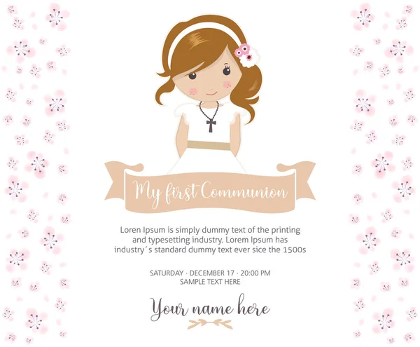 Première Invitation Communion Belle Fille Avec Robe Communion Cadre Fleur — Image vectorielle