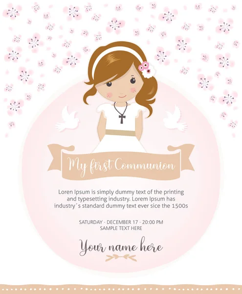 Első Közösség Meghívást Gyönyörű Lány Közösség Ruha Aranyos Virág Keretben — Stock Vector