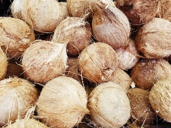 Grupo Pequeños Cocos Marrones Frescos Enteros Mercado Minorista — Foto de Stock