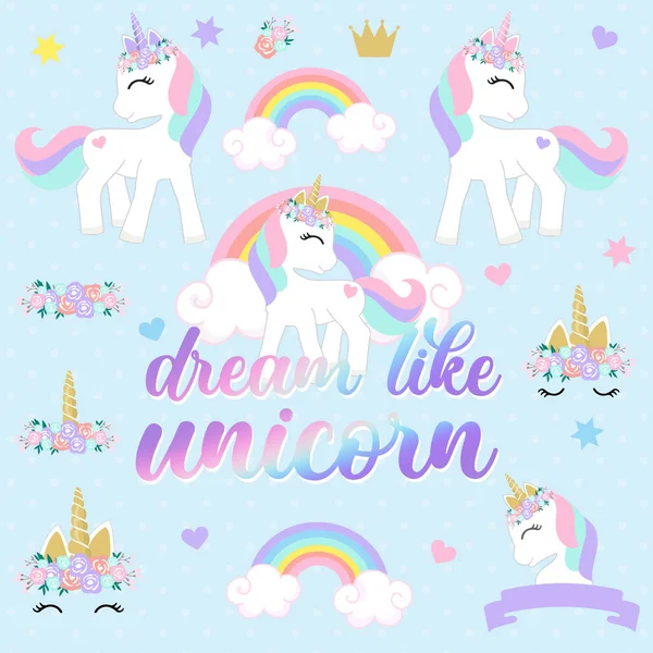 Tek boynuzlu at gibi ifade rüya ile çiçek buketi ile tek boynuzlu atlar Sevimli seti