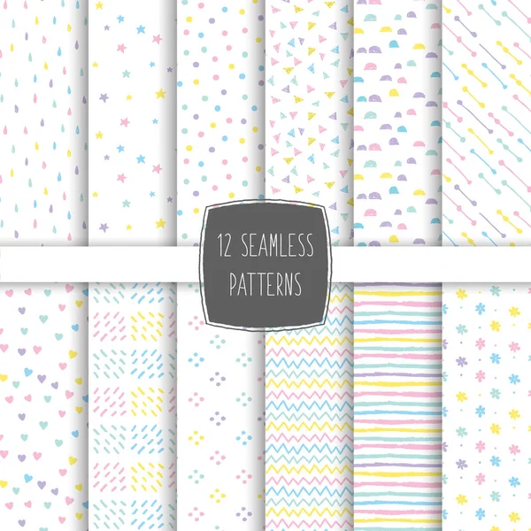 Soyut el çizilmiş geometrik basit dikişsiz desenler ayarlayın. Polka nokta, çizgiler, dalgalar, rasgele semboller dokular. Vektör çizimi