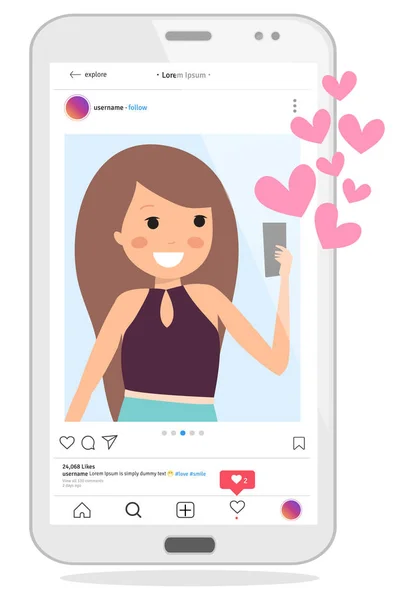 Sosyal ağgenç kız hayatı. Instagram uygulaması. Uygulama için fotoğraf kare vektörü. Sosyal Medya kavramı ve arayüzü