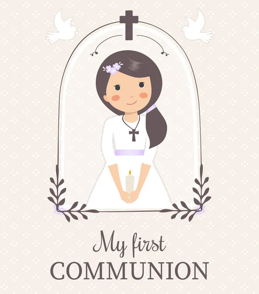 First Komünyon için güzel bir kız. Güvercinler ve sevimli çerçeve ile kız