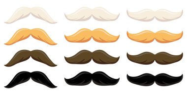 Beyaz arkaplanda izole edilmiş çeşitli renklerde bıyık vektör koleksiyonu.