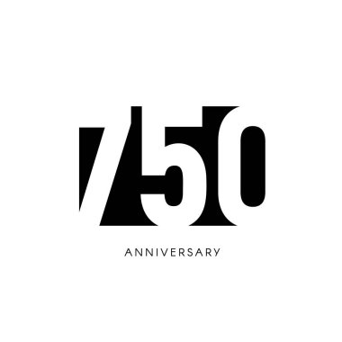 Yedi yüz yıl dönümü, minimalist logo. Yedi ve fiftieth yaş, 750 jubilee, tebrik kartı. Doğum günü davetiyesi. 750 yıl işareti. Beyaz arka planda siyah negatif uzay vektör çizim.