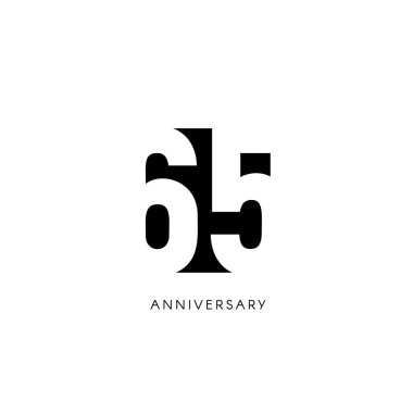 Altmış beş yıl dönümü, minimalist logo. Altmış Beşinci yaş, 65 jubilee, tebrik kartı. Doğum günü davetiyesi. 65 yıl işareti. Beyaz arka planda siyah negatif uzay vektör çizim.