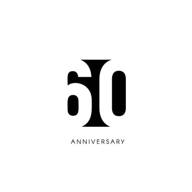 60 yıldönümü, minimalist logo. Altmışıncı yaş, 60 jubilee, tebrik kartı. Doğum günü davetiyesi. 60 yıl işareti. Beyaz arka planda siyah negatif uzay vektör çizim.
