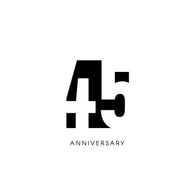 Kırk beş yıl dönümü, minimalist logo. Kırk beşinci yaş, 45 jubilee, tebrik kartı. Doğum günü davetiyesi. 45 yıl işareti. Beyaz arka planda siyah negatif uzay vektör çizim.