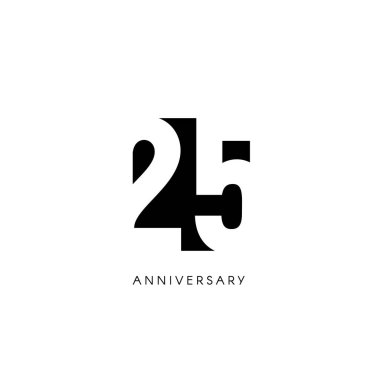 Yirmi beş yıl dönümü, minimalist logo. Yirmi beşinci yıl, 25 jubilee, tebrik kartı. Doğum günü davetiyesi. 25 yıl işareti. Beyaz arka planda siyah negatif uzay vektör çizim.