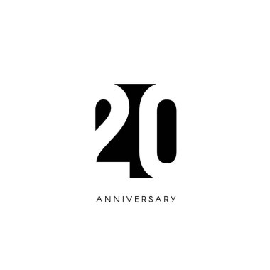 Yirmi yıl dönümü, minimalist logo. Yirminci yıl, 20 jubilee, tebrik kartı. Doğum günü davetiyesi. 20 yıl işareti. Beyaz arka planda siyah negatif uzay vektör çizim.