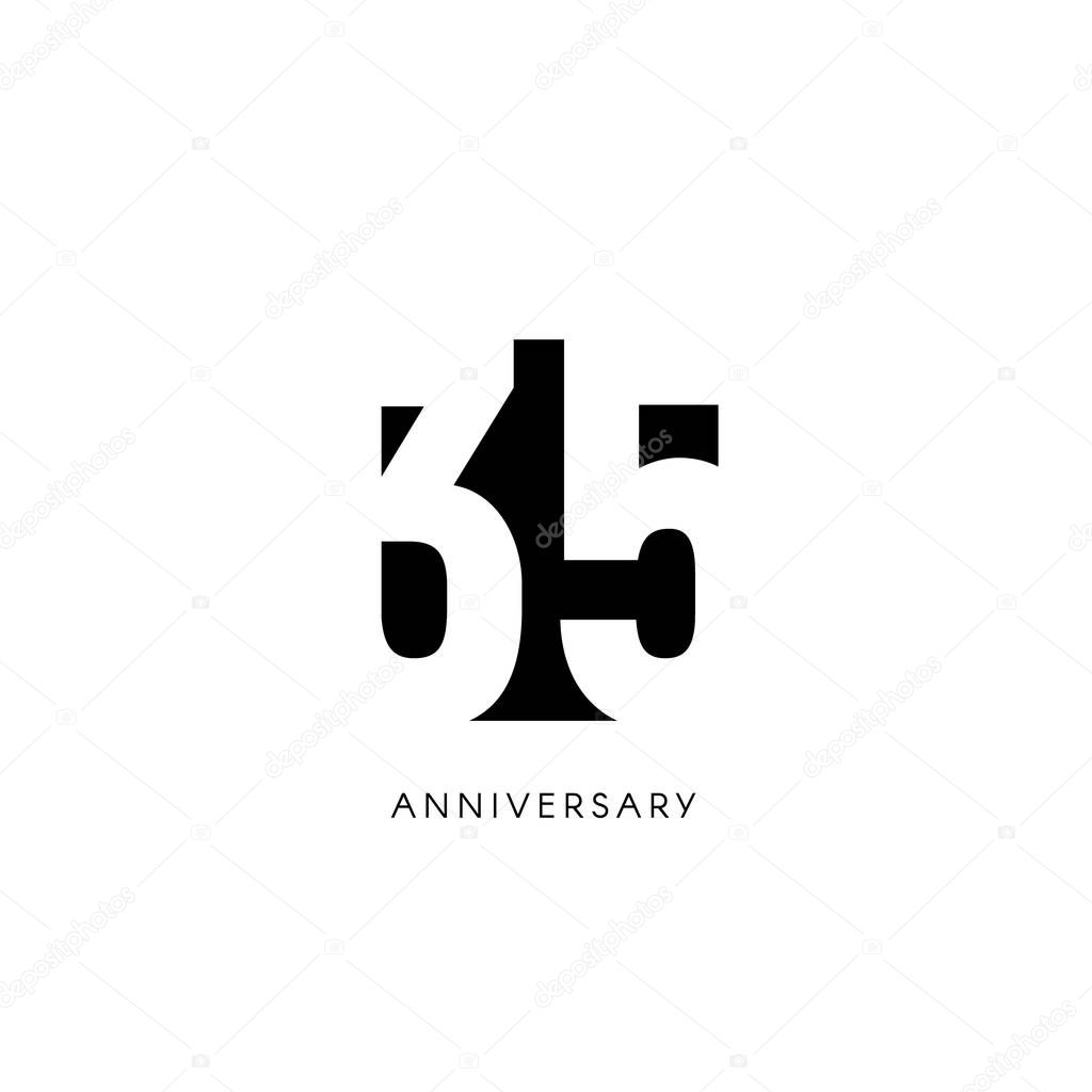 Thirty five anniversary, minimalistic logo. Thirty fifth years, 35th jubilee, greeting card. Birthday invitation. 35 year sign. Black negative space vector illustration on white background.