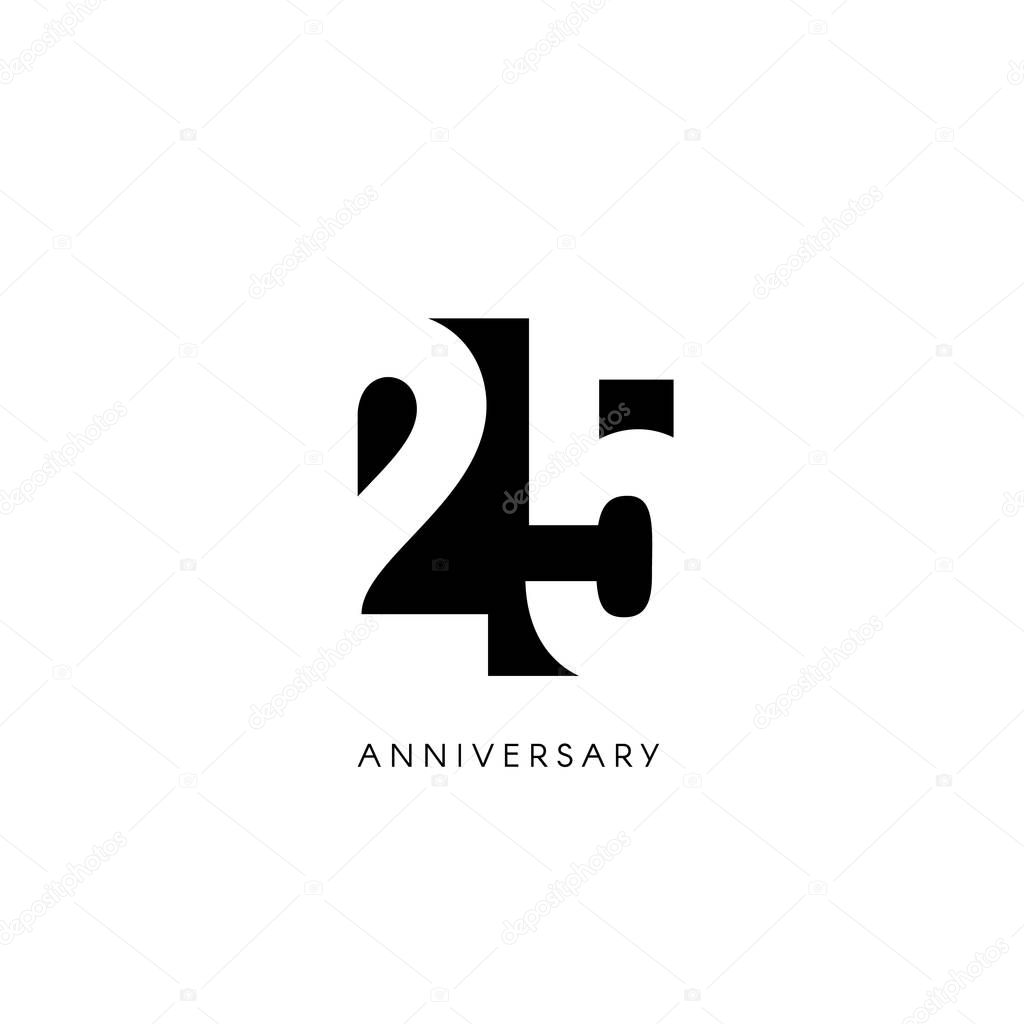 Twenty five anniversary, minimalistic logo. Twenty fifth years, 25th jubilee, greeting card. Birthday invitation. 25 year sign. Black negative space vector illustration on white background.