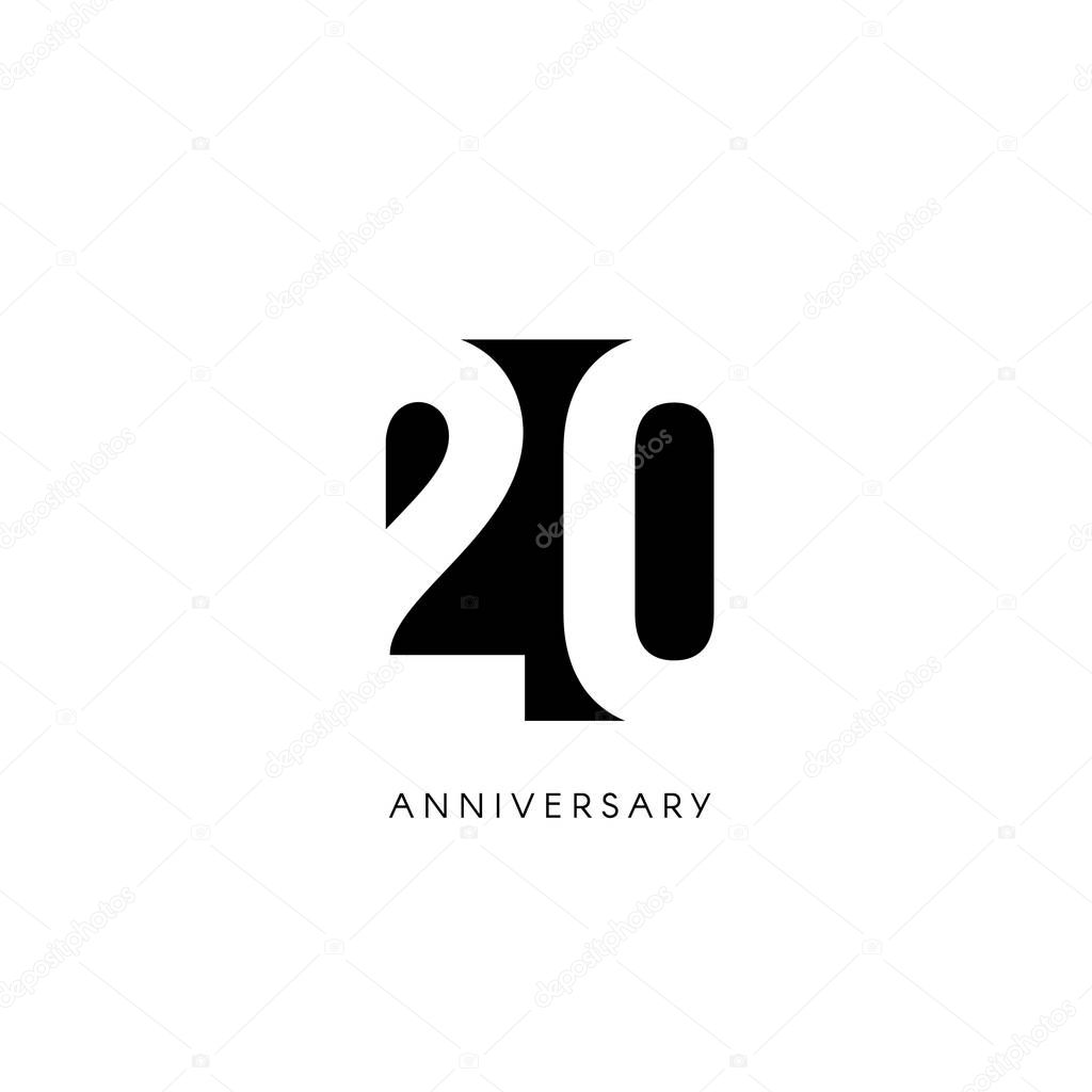 Twenty anniversary, minimalistic logo. Twentieth years, 20th jubilee, greeting card. Birthday invitation. 20 year sign. Black negative space vector illustration on white background.