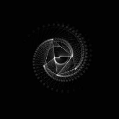 Beyaz çizgiler ve noktalar, büküm sarmal. Soyut geometrik şekil. Olağandışı havai fişek, dijital patlama, Jakuzi. Vektör çizim siyah arka plan üzerine.