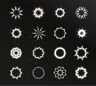 Işık, sıradışı yıldız şekil set, parlama, ışıltı, izole soyut vektör semboller koleksiyonu. Galaxy çiçek. Kar taneleri.