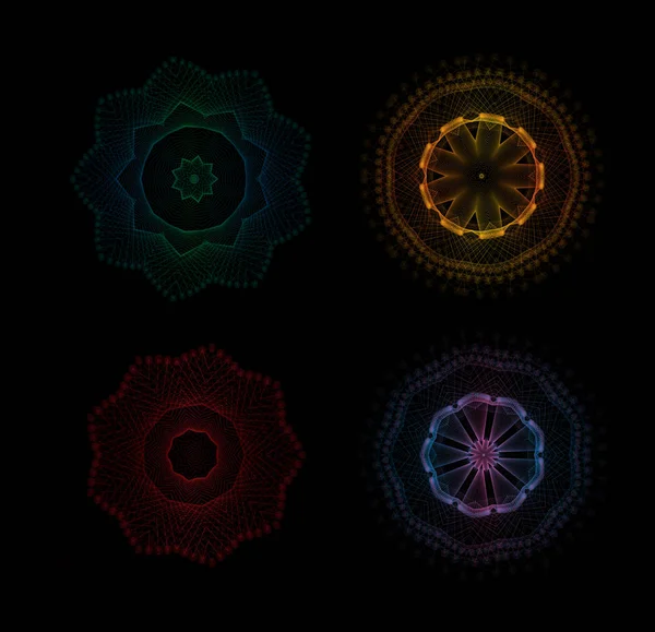 Abstraktní vzor radiální, lineární geometrické barevné mandaly. Netradiční moderní design vektorové ilustrace na černém pozadí. — Stockový vektor
