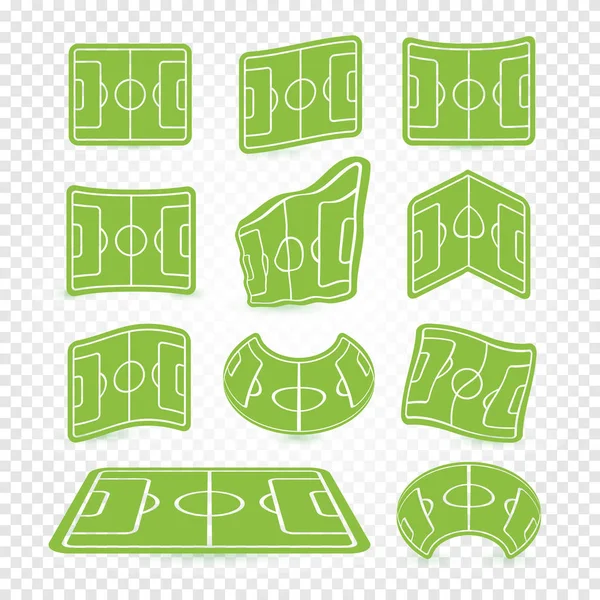 Fotbalové hřiště označení prázdný stadion ikony, zelené trávy, sada loga, webové herní grafické prvky fotbalový trávník. Dětská hřiště vektorové ilustrace. — Stockový vektor