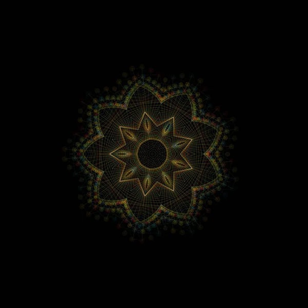 Мандала, восточный векторный орнамент. Абстрактный линейный цветок. Индийский цветок, этнический круглый рисунок. Векторная круговая геометрическая иллюстрация на черном фоне . — стоковый вектор