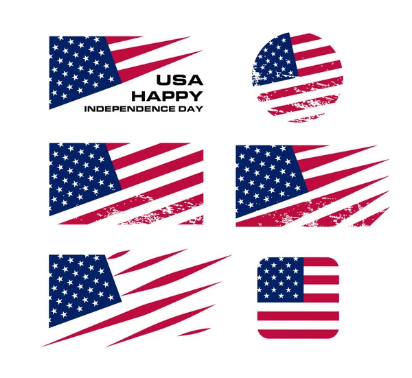 USA flag set with scrapes on white background, vector illustration. American national design element. Undependence day of united states of America, july fourth logo. — Stock Vector