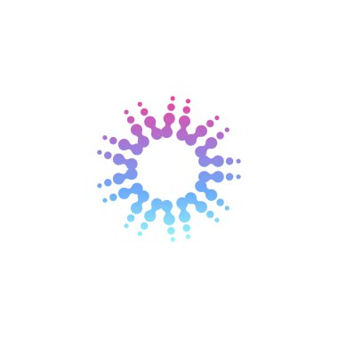 Daire modern vektör logo şablonu. Yarı ton noktalı simgesi. Güneş işareti ışınları. Yeni teknoloji akıllı düğmesi. AI ekipman logo.