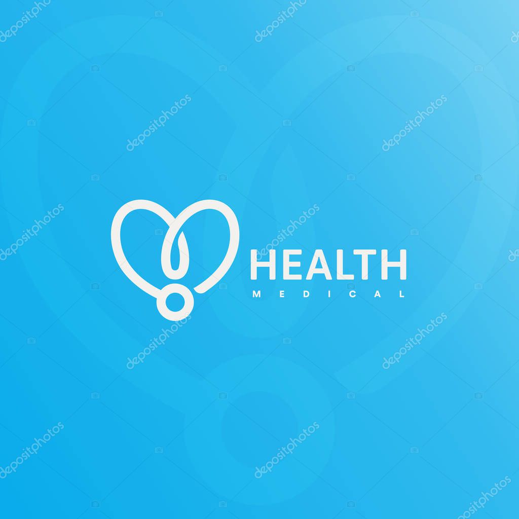 Doctor stethoscope logo. Health care, medical symbol. Abstract linear heart silhouette. Vector simple illustration on blue background. Medical insurance icon