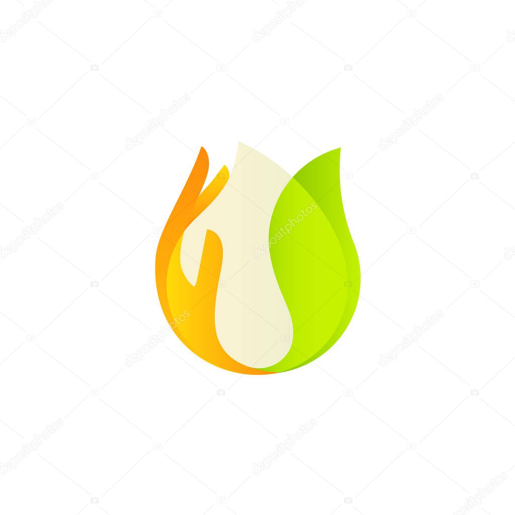 White drop vector logo. Organic natural product, made with care. Framed green leaf and palm carefully supported hand