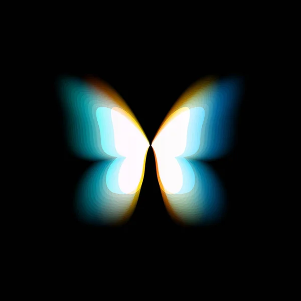 Logo de mariposa aislada. Alas de mariposas de colores brillantes, movimiento dinámico, efecto borroso. Logotipo de vector abstracto sobre fondo negro . — Vector de stock