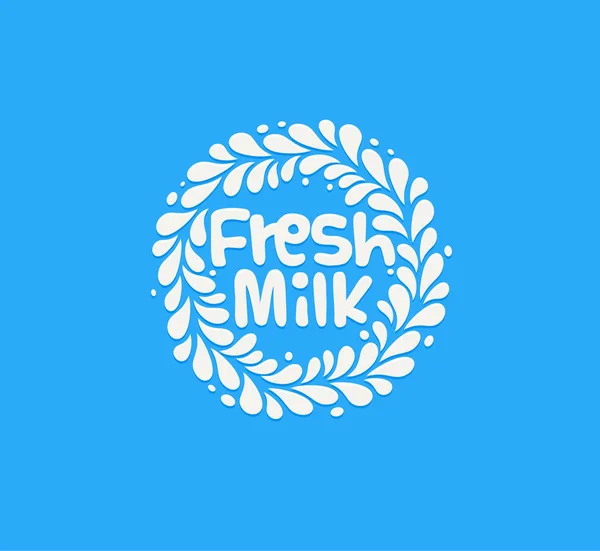 신선한 우유의 상징 파란색 배경에 텍스트와 주위 백색 우유 방울 뿌리지. 현대 재미 스타일 로고 템플릿. — 스톡 벡터