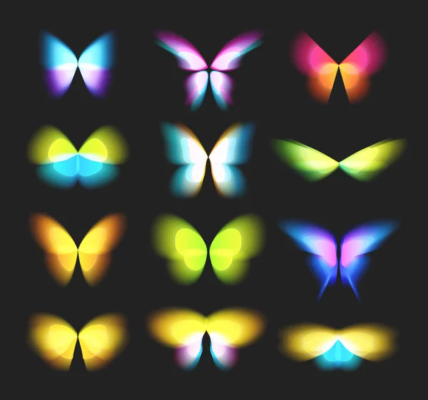 Logotipos borboleta isolado definido. Asas de borboletas coloridas brilhantes, movimento dinâmico, conjunto de ícones de efeito borrado. Logotipos vetoriais abstratos no fundo preto — Vetor de Stock