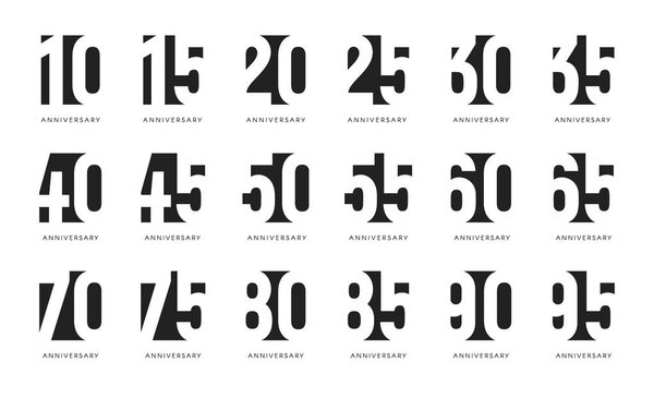 Юбилейный логотип, негативное пространство стилизованных знаков, юбилей отметить эмблемы, столетие коллекции чисел, день рождения черные знаки установлены на белом фоне
.