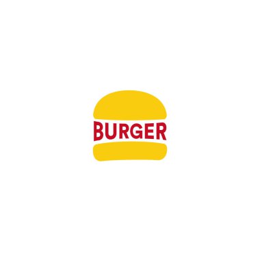 Büyük burger Restoran logo şablonu. Sarı somun ve kırmızı acıkmak veya burger metin, basit düz soyut vektörel çizimler. Fast food simgesi.