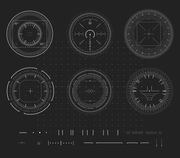 저 격 목표, 디지털 스마트 장치 디스플레이, Hud infographic, 디자인 요소. 촬영 범위, 목표, 대상 아이콘 컬렉션. 벡터 추상적인 로고 템플릿 컬렉션, 검은 배경 그림. — 스톡 벡터