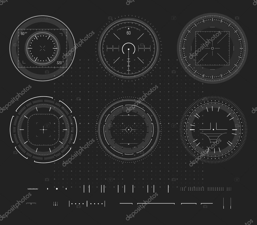 Sniper aim, digital smart device display, HUD infographic, design element. Shooting range, aim, target icon collection. Vector abstract logo template collection, illustration on black background