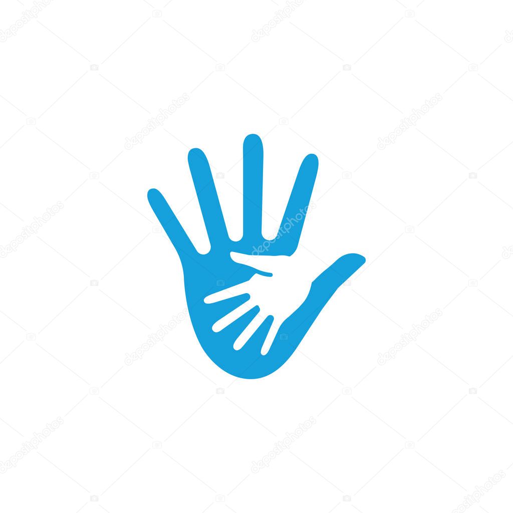 Friendly gesture of the hand in the hand. Abstract shape, minimalistic flat stylized, blue color logo template. Palm, childrens palm, gesture, arm, fingers logo elements. Universal company symbol.