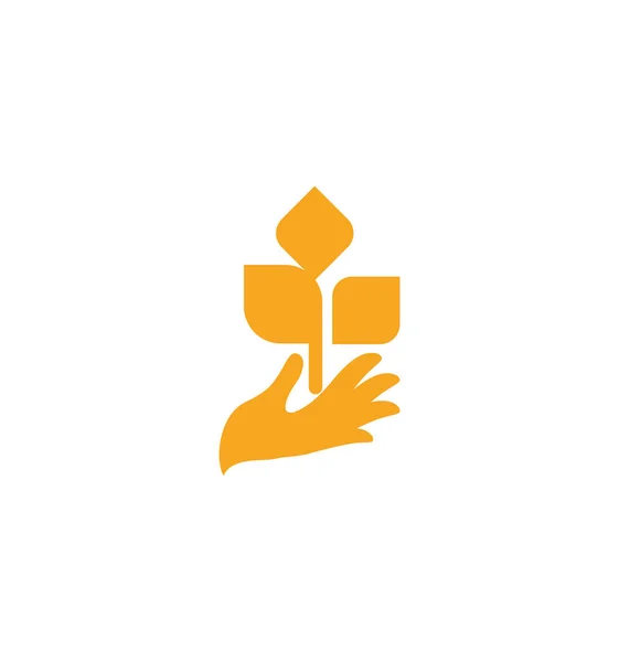 Mão laranja com folhas. Sprout, nova vida. Logotipo do elemento natureza. Sinal de produto orgânico agrícola. Ilustração do vetor de colheita — Vetor de Stock