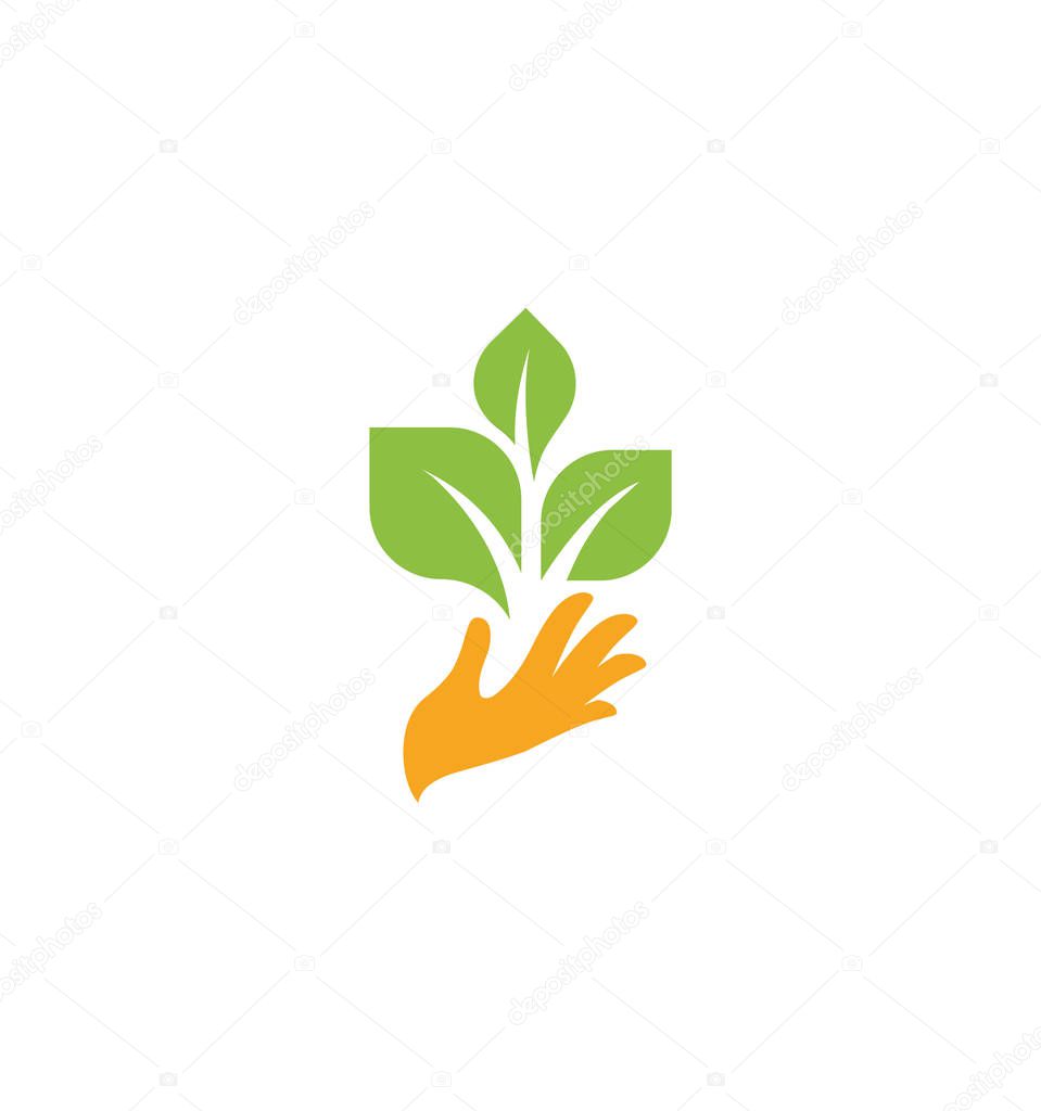 Orange hand with green leaves. Sprout, new life. Nature element logotype. Agricultural organic product sign. Harvesting vector illustration.