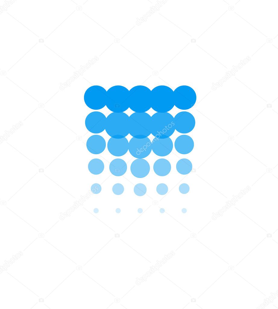 Waterfall icon, water abstract logo template, blue bubbles, hydroelectric power station, vector illustration on white background.